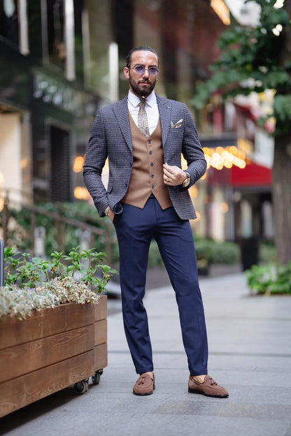 Paris Navy Blue Slim Fit Peak Lapel 3 Piece Combined Suit brabion