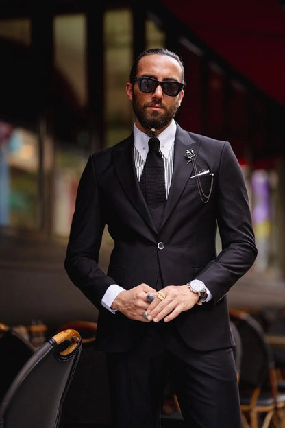 Ardean Black Slim Fit Peak Lapel 3 Piece Wool Suit brabion