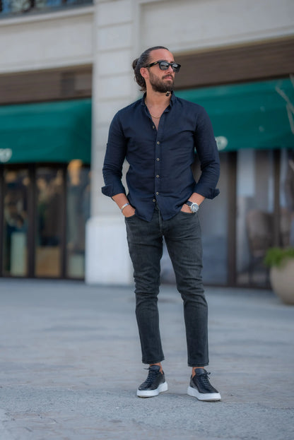 Brabion Alonso Black Slim Fit Crosshatch Casual Shirt - Elevate Your Wardrobe - BRABION