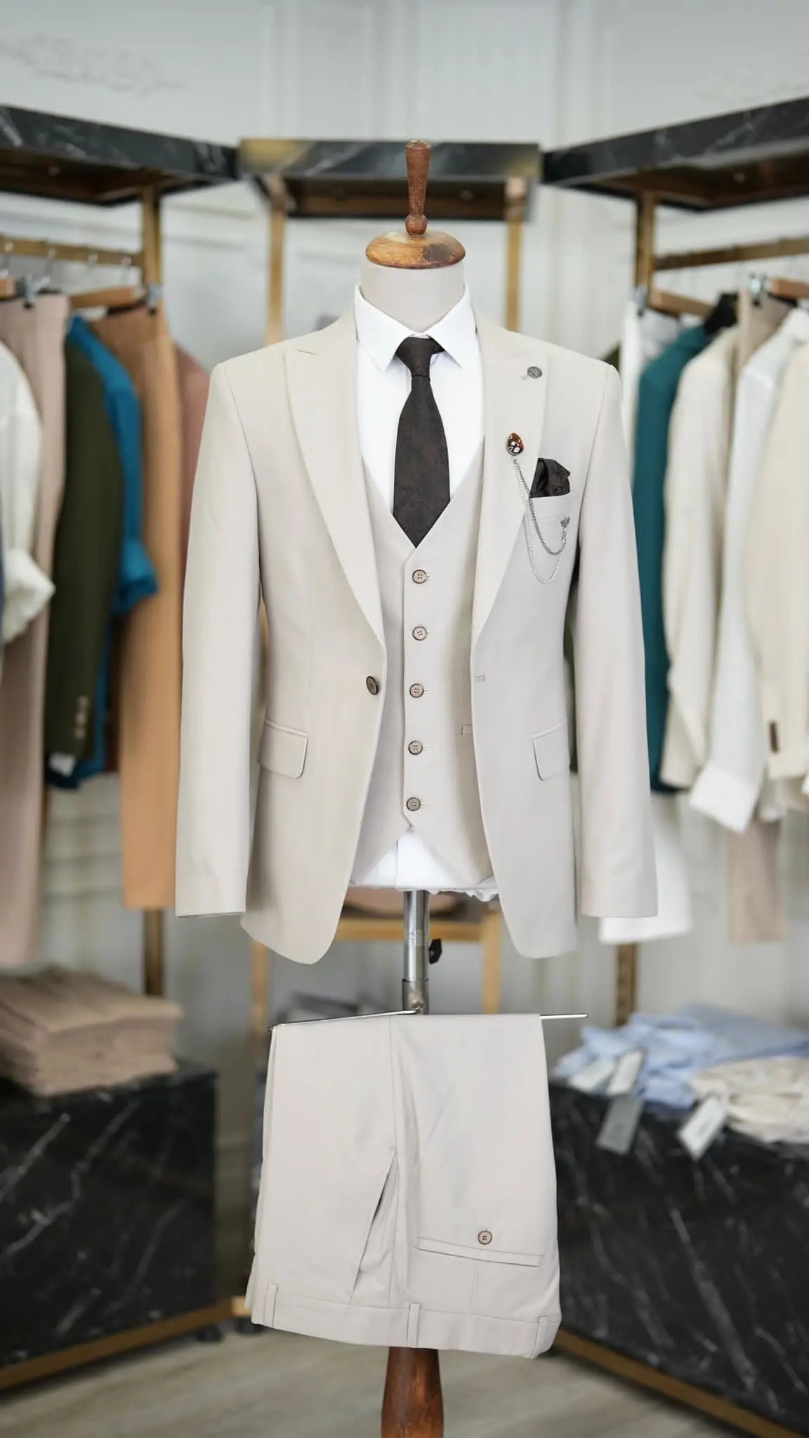 Paul Beige Slim Fit 3 Piece Peak Lapel Suit brabion