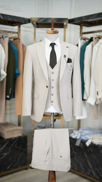 Paul Beige Slim Fit 3 Piece Peak Lapel Suit brabion
