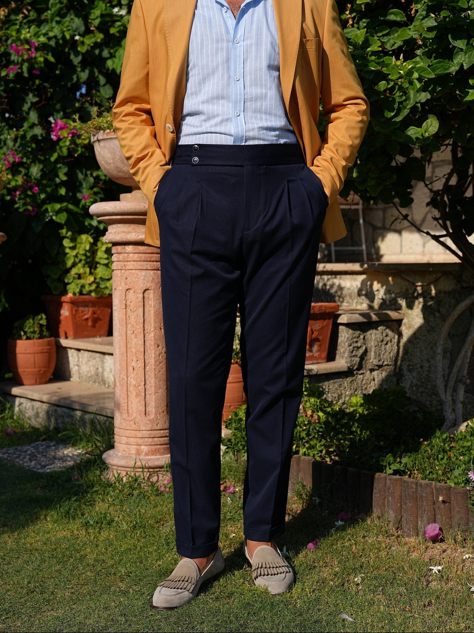 Navy Blue High Waist Pleated Buckle Pants - Regular Fit - BRABION