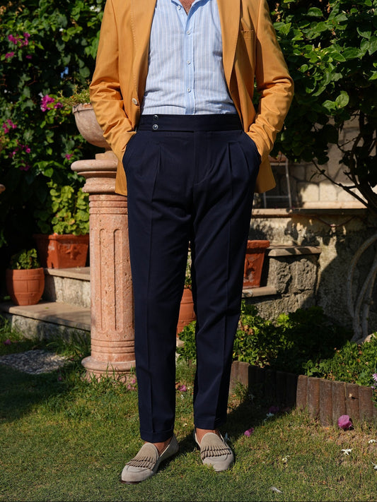 Navy Blue High Waist Pleated Buckle Pants - Regular Fit - BRABION