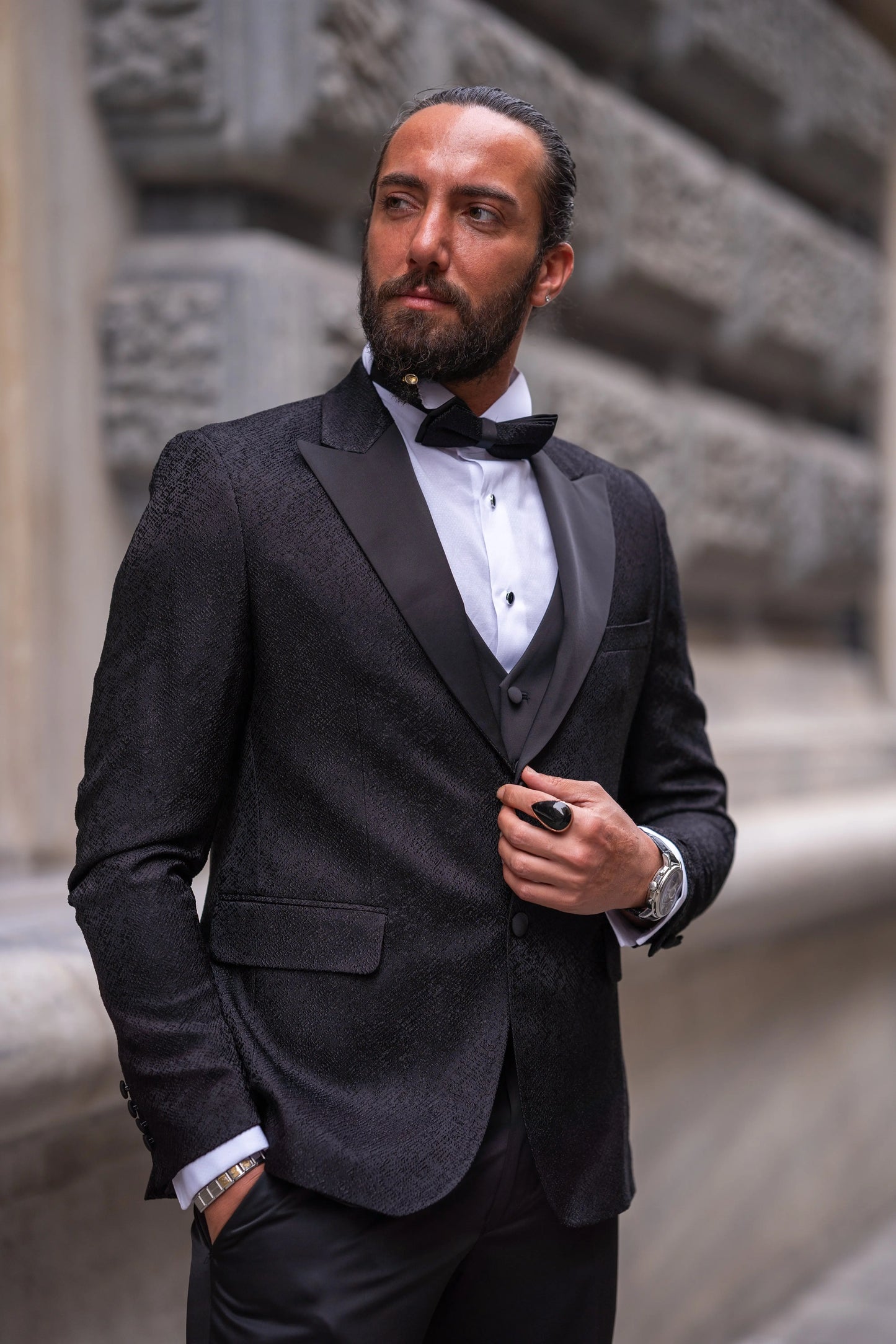 Brabion Massimo Black Slim Fit Peak Lapel Patterned Tuxedo - BRABION