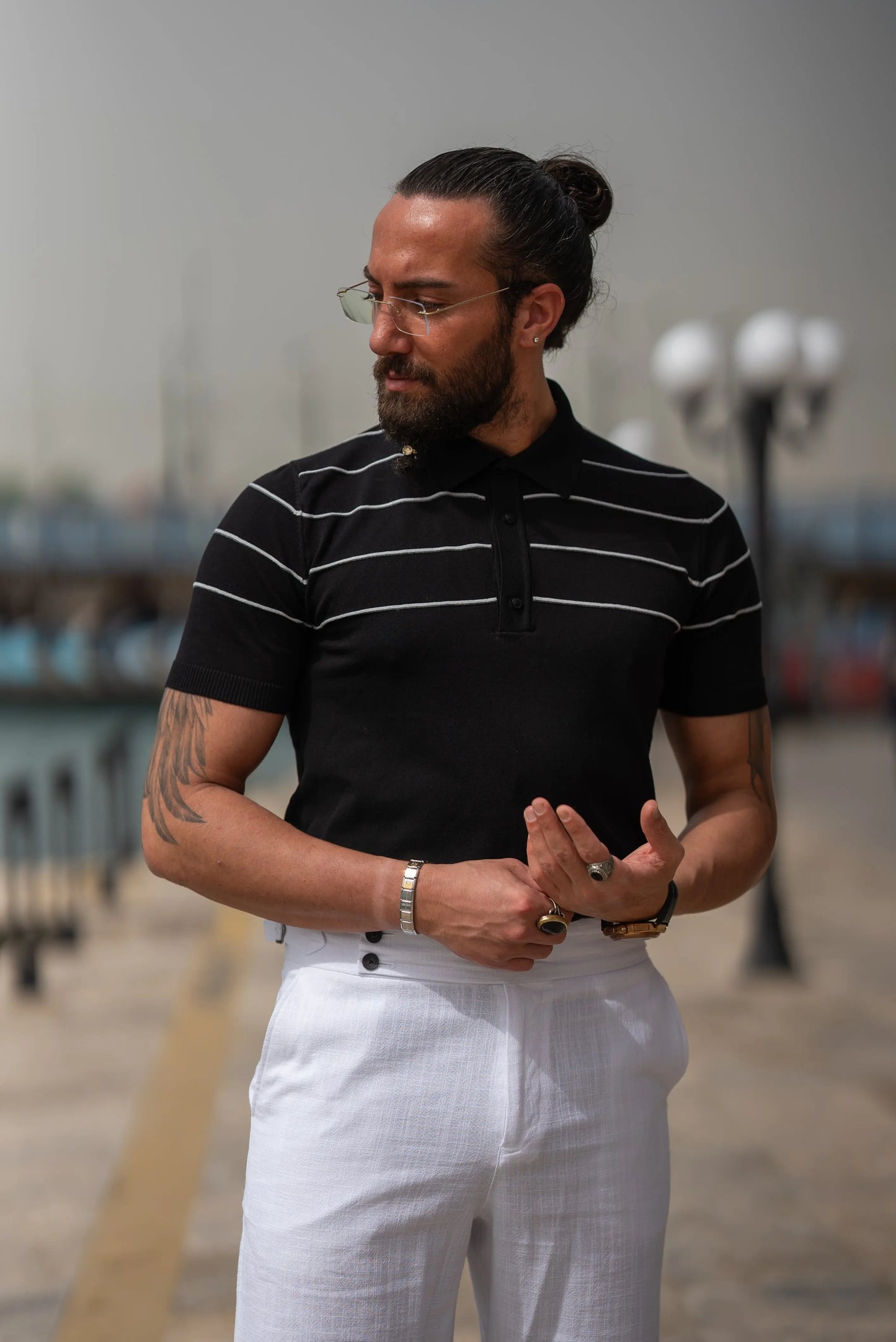 Brabion Maison Slim Fit Striped Black Polo Shirt - BRABION