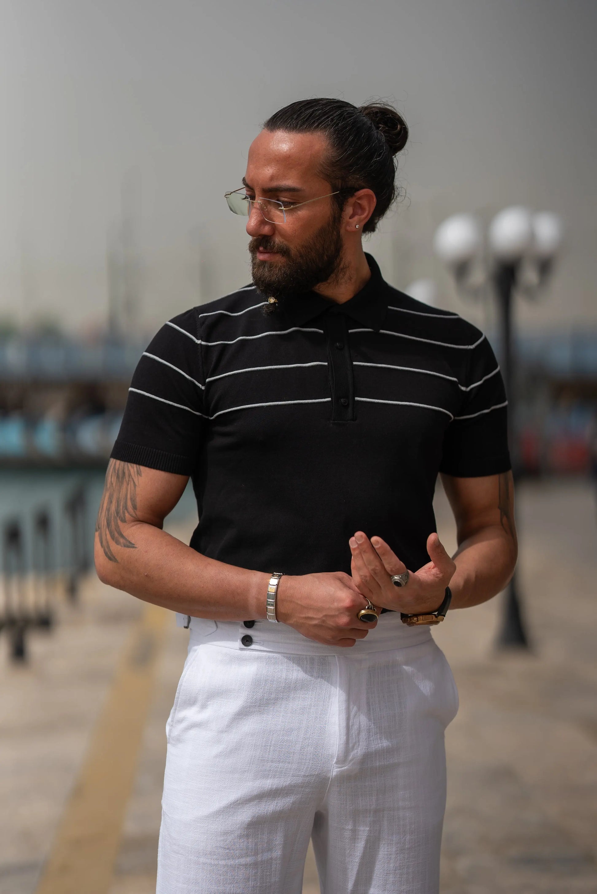 Brabion Maison Slim Fit Striped Black Polo Shirt - BRABION