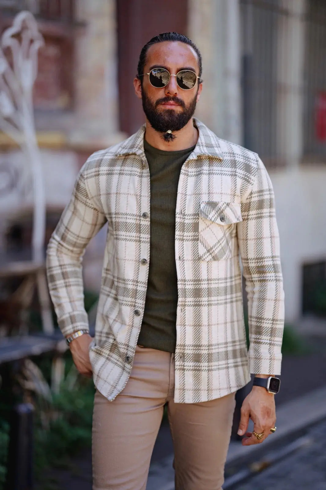 Brabion Paris Beige Green Slim Fit Plaid Shirt - BRABION
