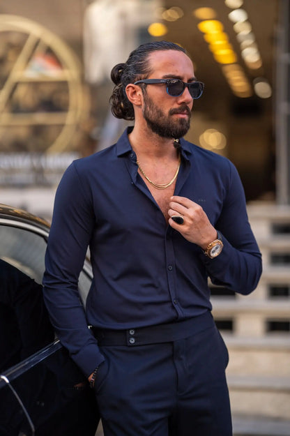 Brabion Ardean Navy Blue Slim Fit Textured Cotton Shirt - BRABION