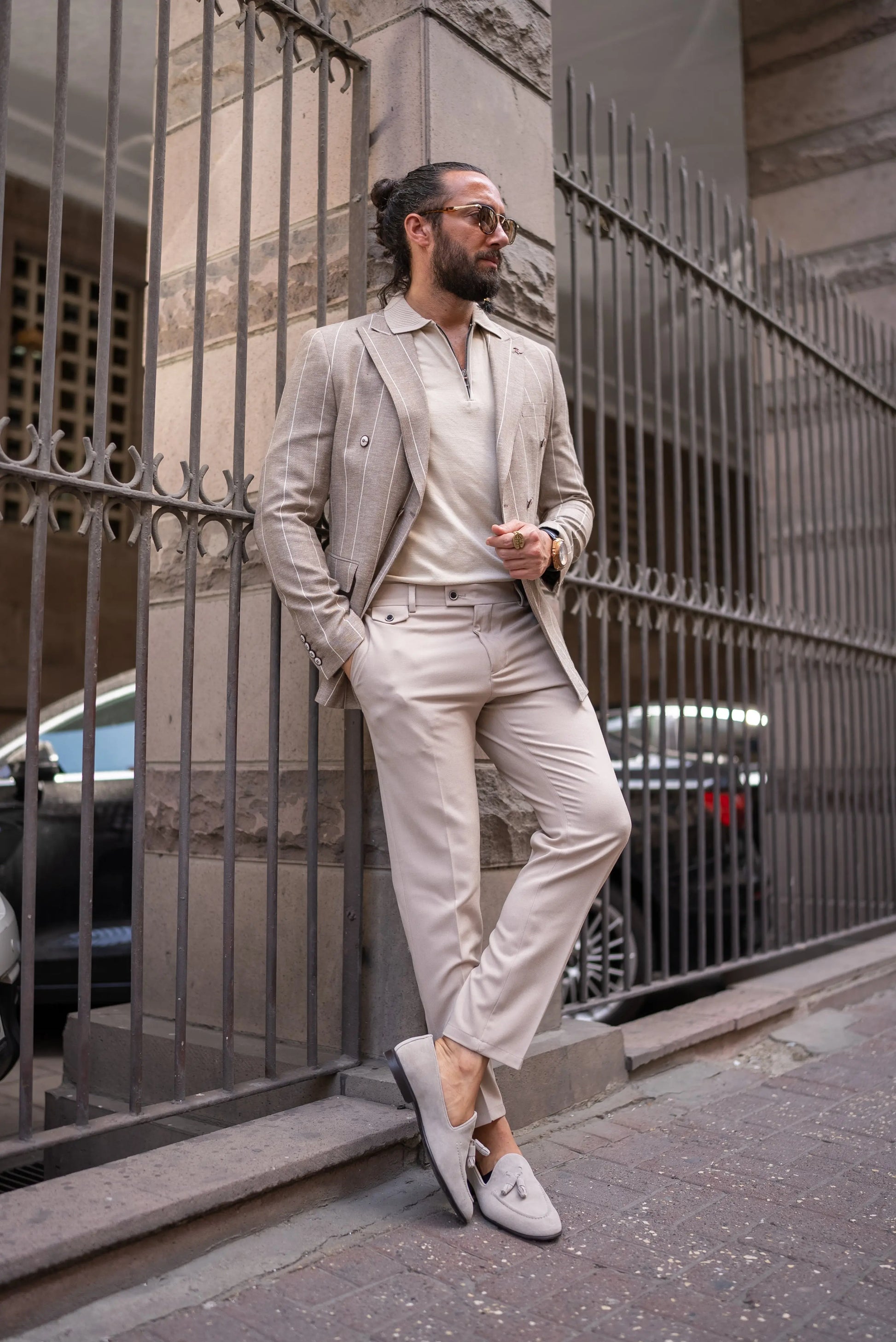 Brabion Noah Beige Slim Fit Double Breasted Striped Blazer - BRABION
