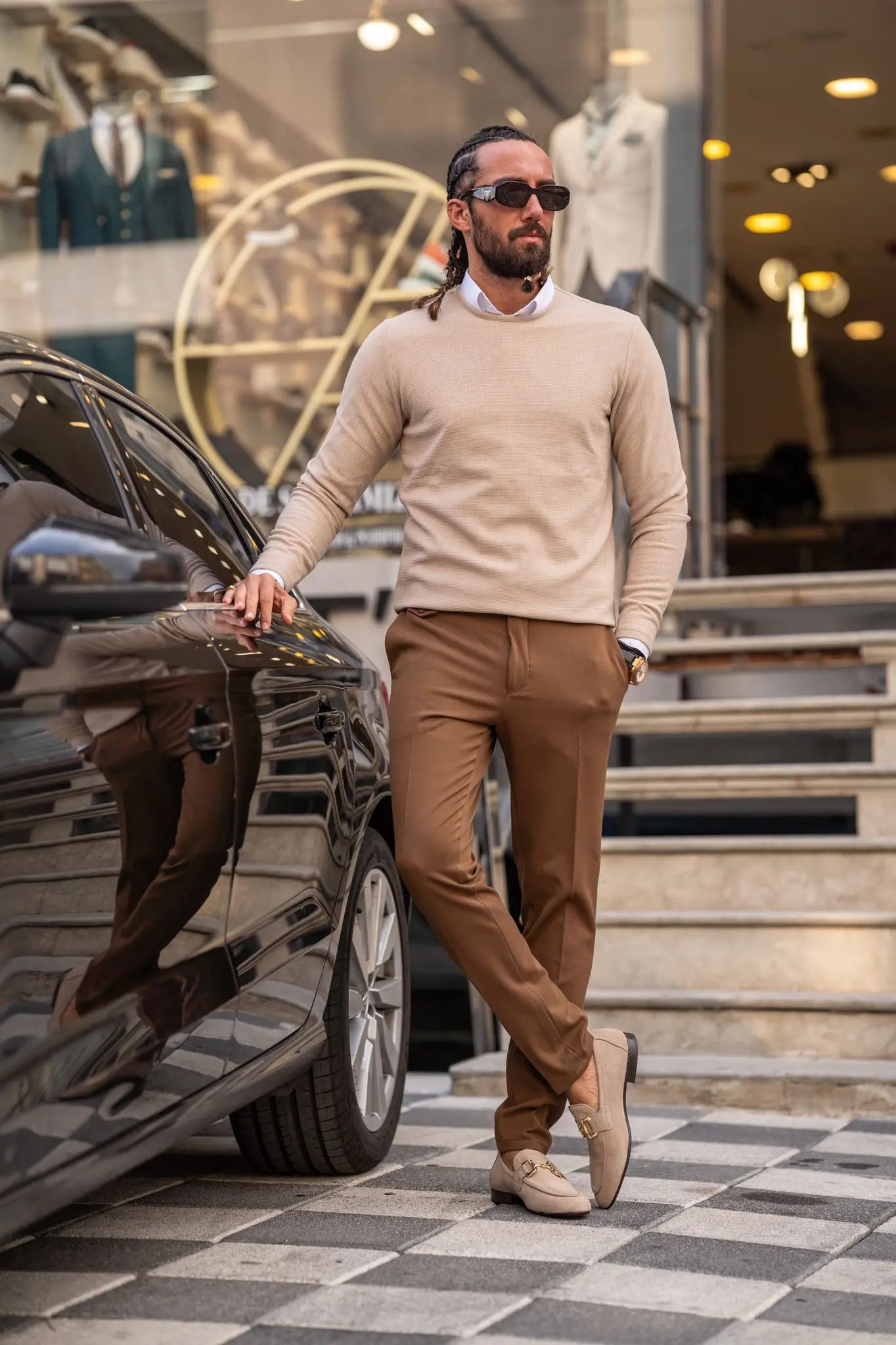 Paul Beige Slim Fit Round Neck Sweater - BRABION
