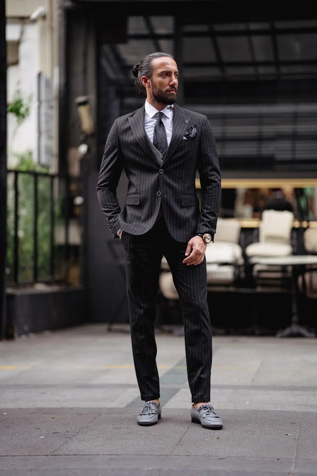 Paris Black Slim Fit Pinstripe Combination Suit brabion