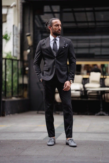 Paris Black Slim Fit Pinstripe Combination Suit brabion