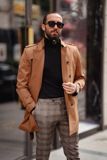 Paris Camel Slim Fit Double Breasted Long Coat – Effortlessly Stylish Elegance - BRABION