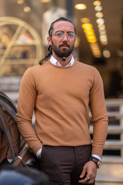 Paul Camel Slim Fit Round Neck Sweater – Elevate Your Wardrobe - BRABION