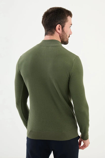 Bojoni Capena Textured Slim Fit Zippered Half Turtleneck Khaki Knitwear Sweater