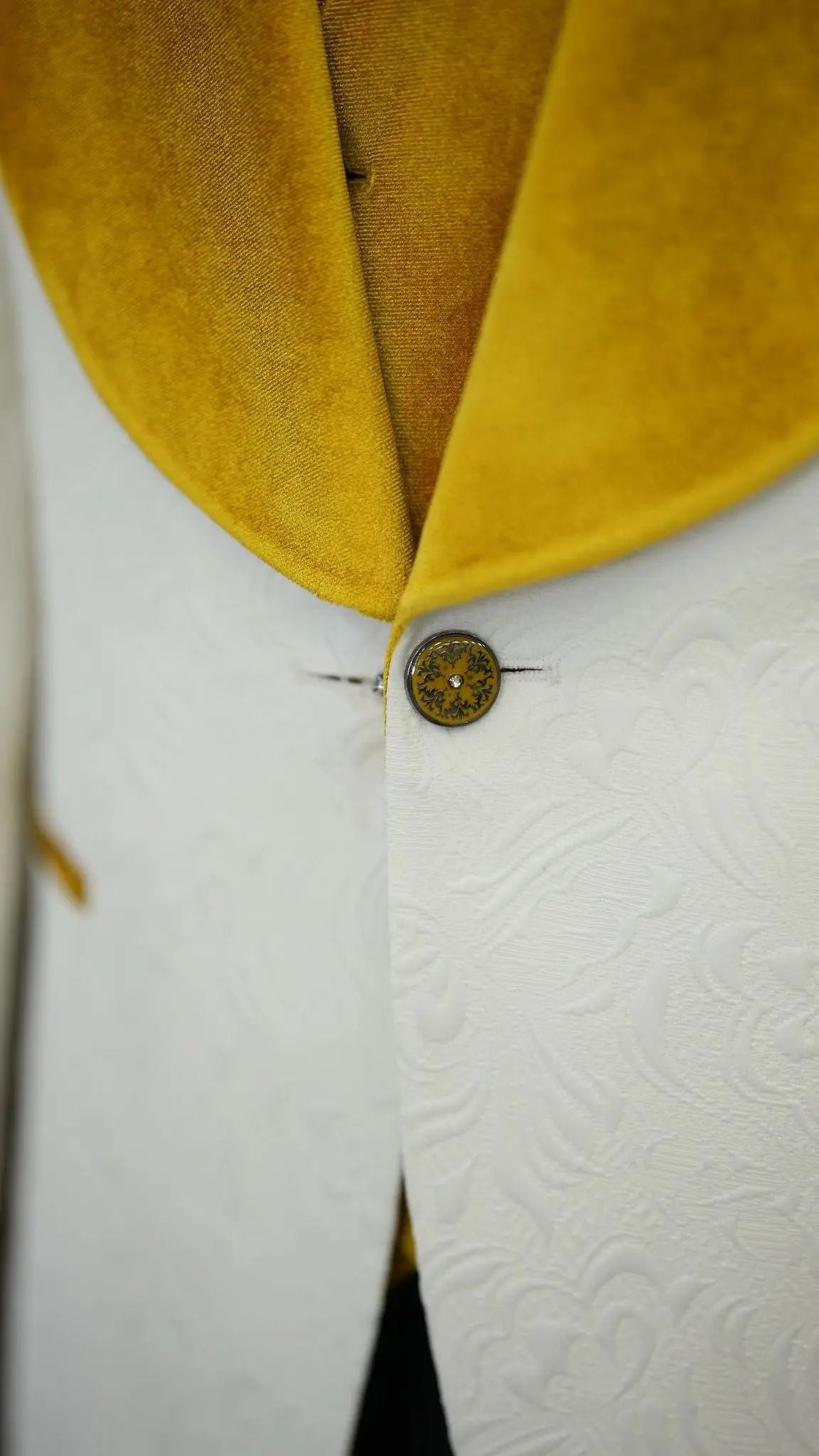 Fiore White Yellow Slim Fit Velvet Shawl Lapel Tuxedo - A Statement of Elegance - BRABION