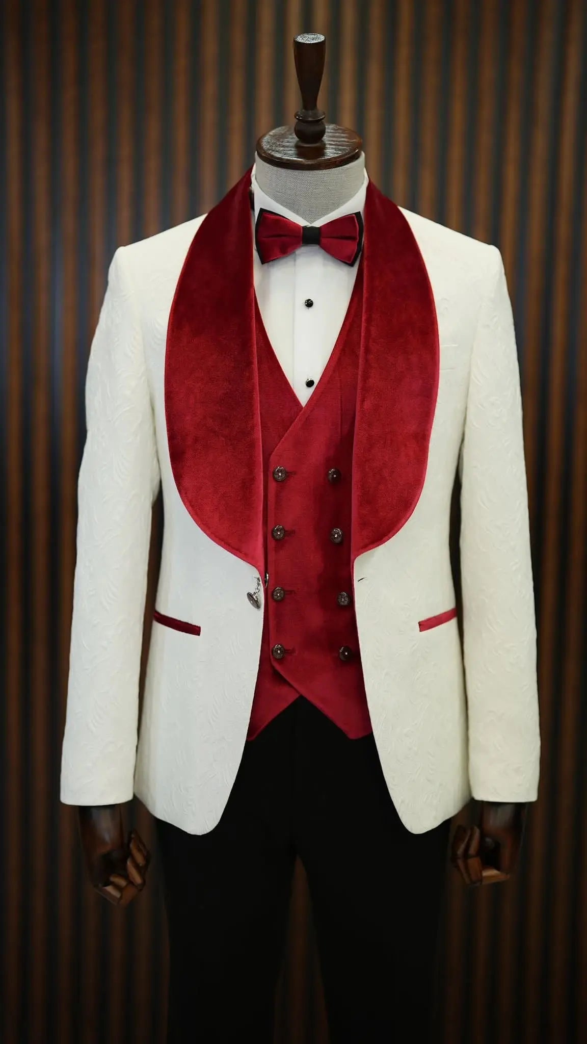 Fiore White Red Slim Fit Velvet Shawl Lapel Tuxedo - BRABION