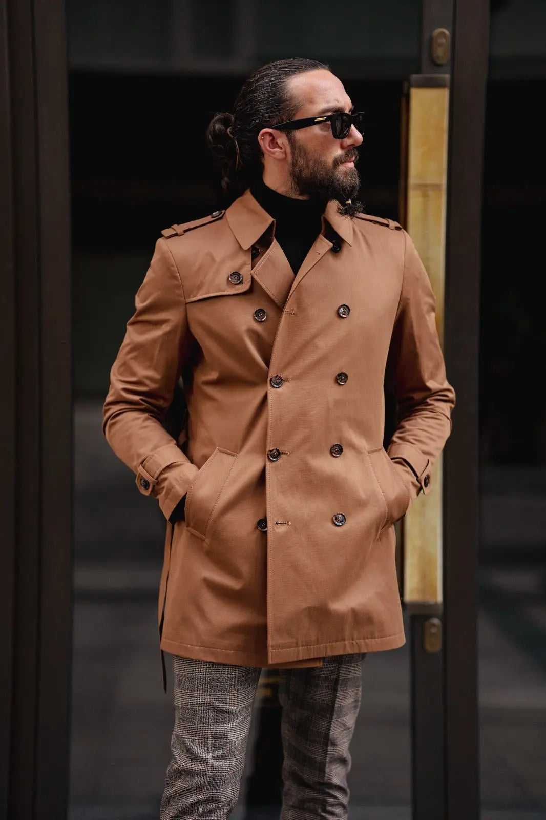 Paris Camel Slim Fit Double Breasted Long Coat – Effortlessly Stylish Elegance - BRABION