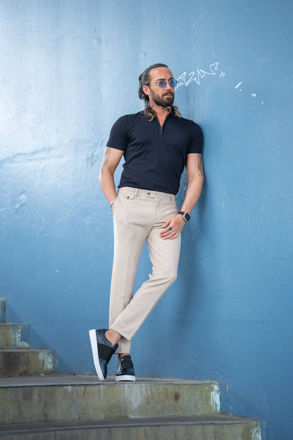 Brabion Tauris Navy Blue Slim Fit Zippers Polo Shirt - BRABION