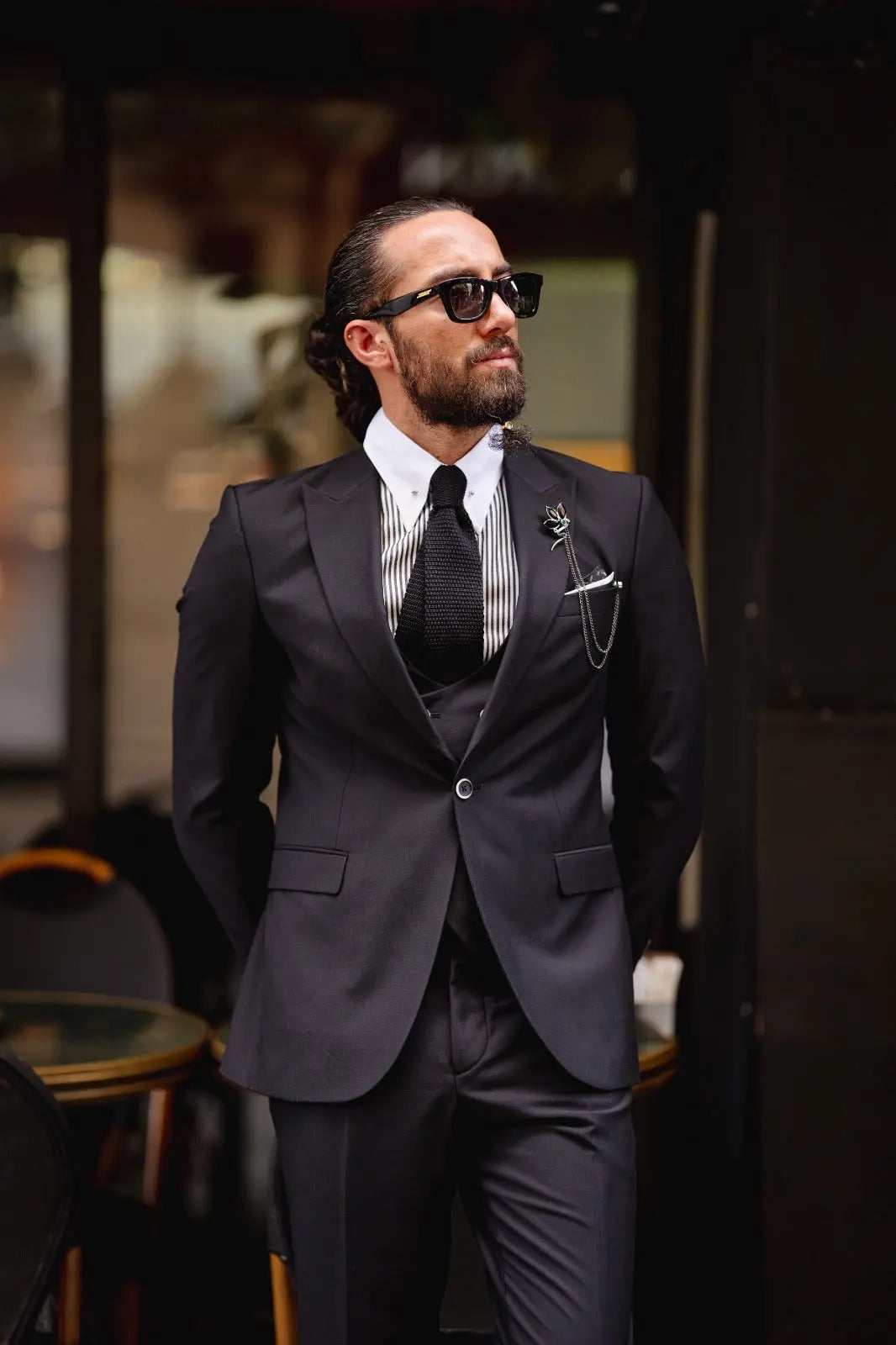 Ardean Black Slim Fit Peak Lapel 3 Piece Wool Suit brabion