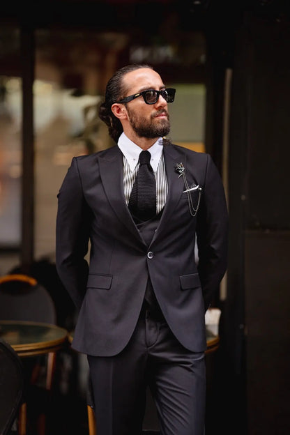 Ardean Black Slim Fit Peak Lapel 3 Piece Wool Suit brabion
