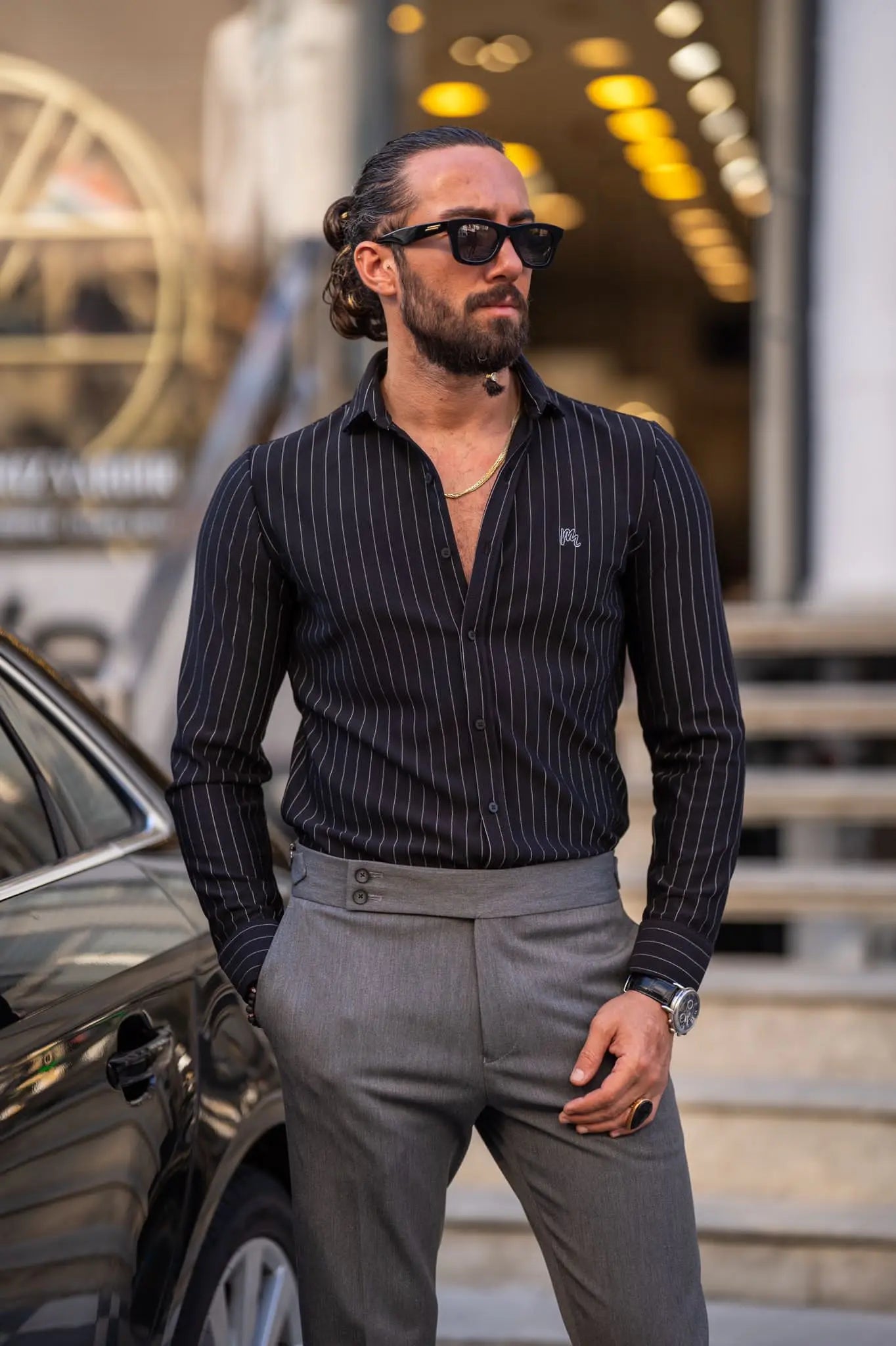 Brabion Ardean Black Slim Fit Pinstripe Cotton Shirt - BRABION