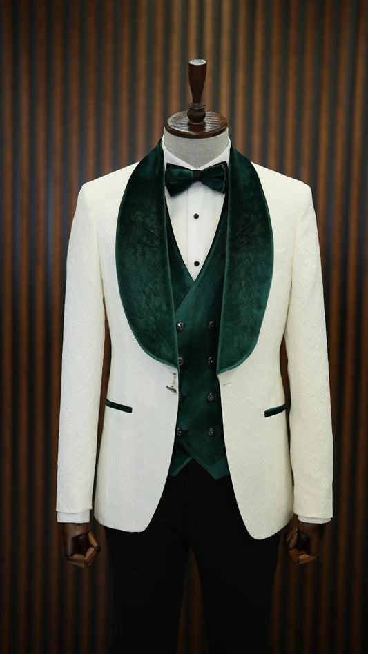 Fiore White Green Slim Fit Velvet Shawl Lapel Tuxedo for Modern Elegance - BRABION