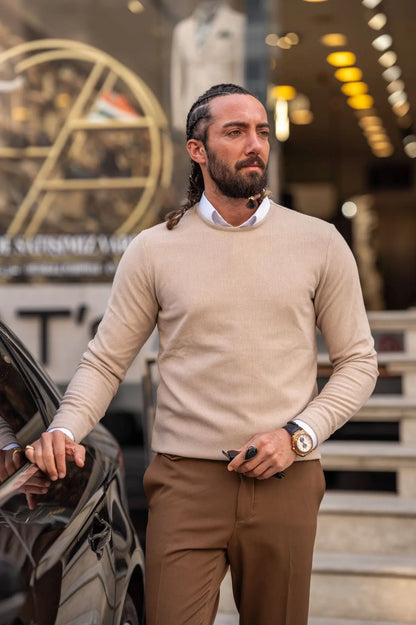 Paul Beige Slim Fit Round Neck Sweater - BRABION