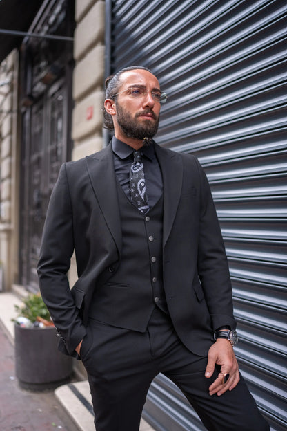 Brabion Perry Black Slim Fit Peak Lapel 3 Piece Suit brabion