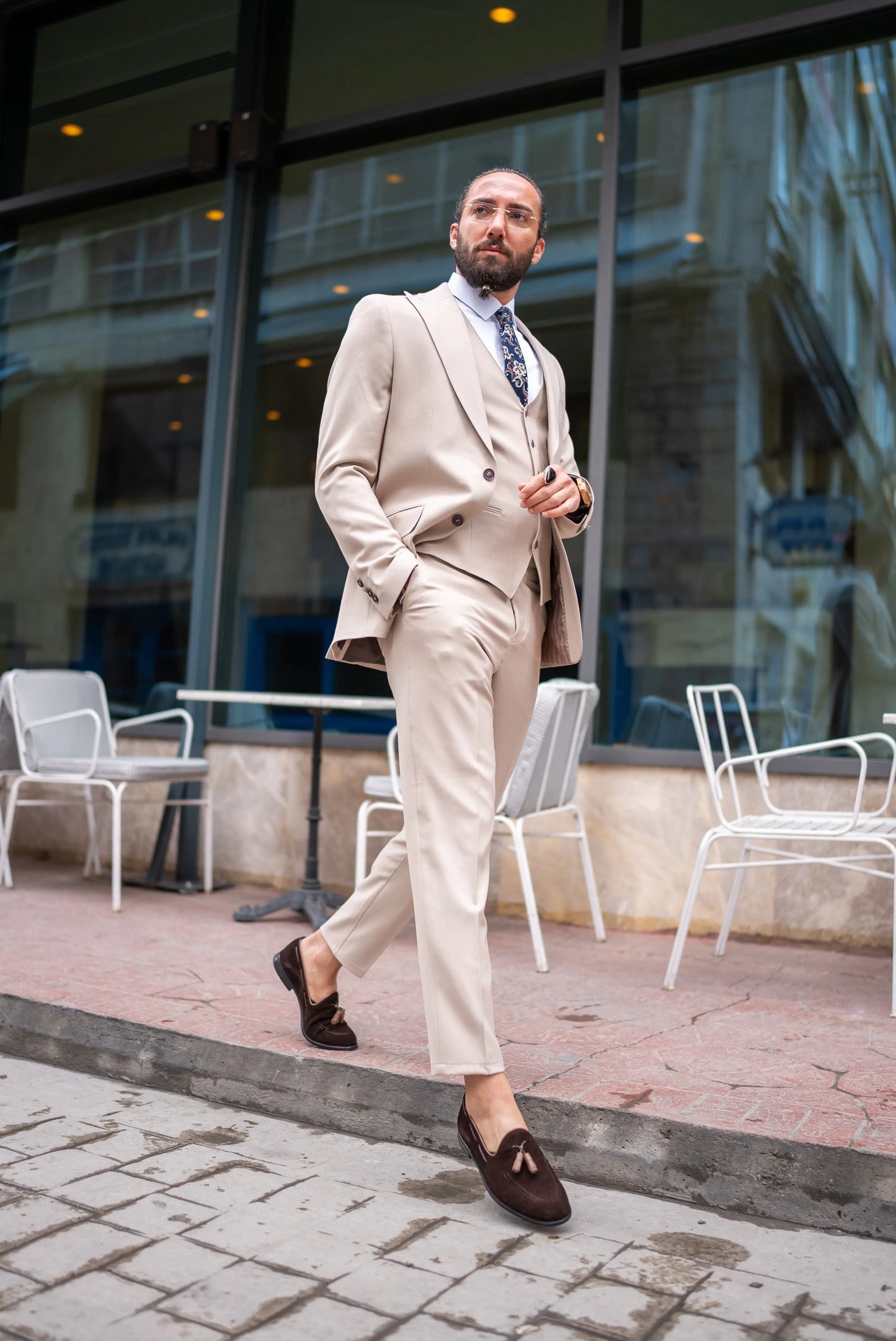 Brabion Perry Beige Slim Fit Peak Lapel 3 Piece Suit brabion