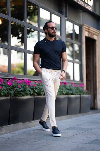 Brabion Alonso Navy Blue Slim Fit Crew Neck Striped T-Shirt - BRABION