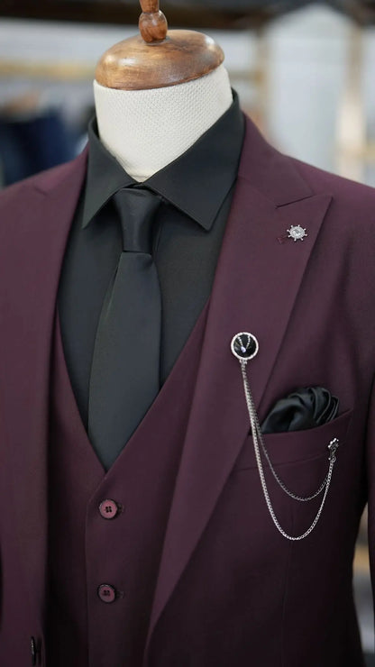 Paul Burgundy Slim Fit 3 Piece Peak Lapel Suit brabion