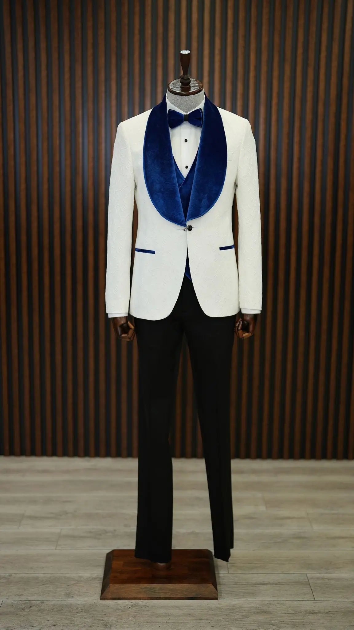 Fiore White Blue Slim Fit Velvet Shawl Lapel Tuxedo - BRABION