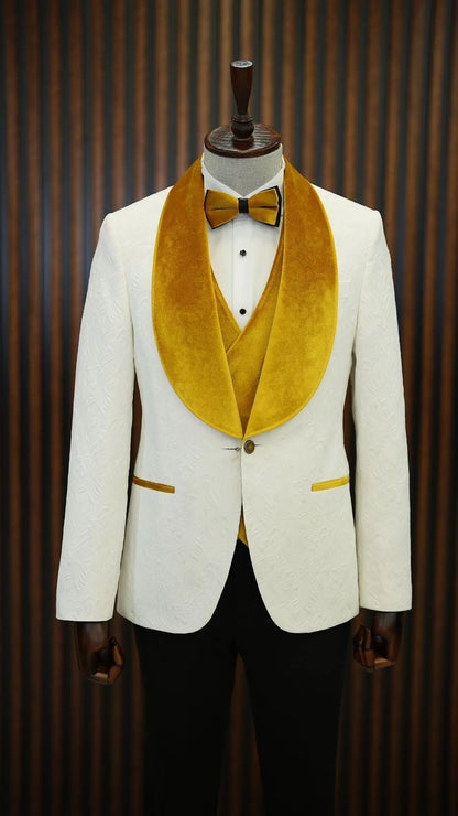 Fiore White Yellow Slim Fit Velvet Shawl Lapel Tuxedo - A Statement of Elegance - BRABION
