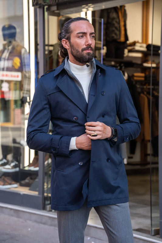 Brabion Navy Blue Slim Fit Double Breasted Long Coat - BRABION