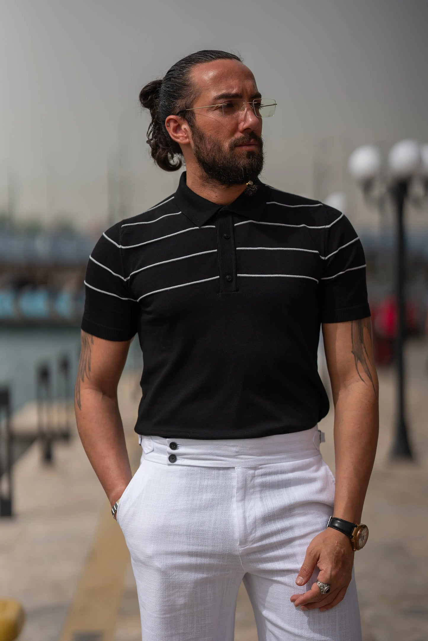 Brabion Maison Slim Fit Striped Black Polo Shirt - BRABION