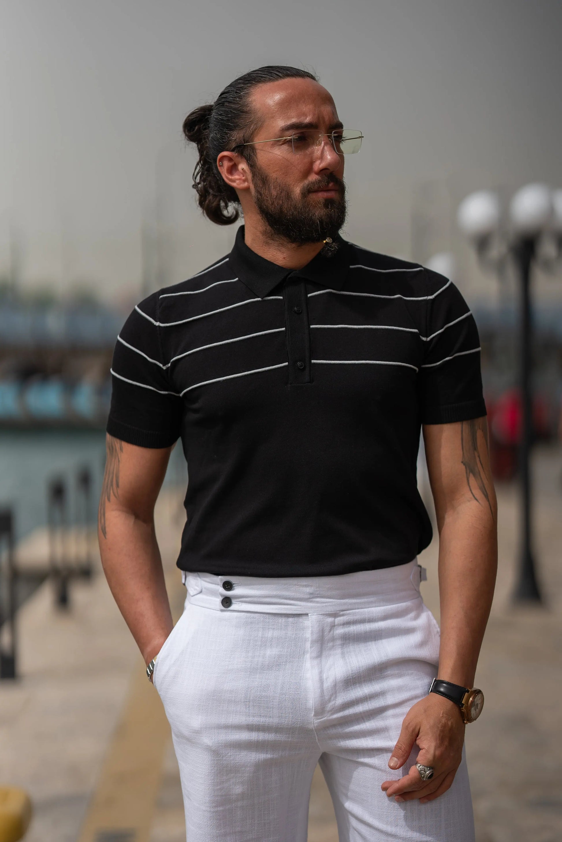 Brabion Maison Slim Fit Striped Black Polo Shirt - BRABION