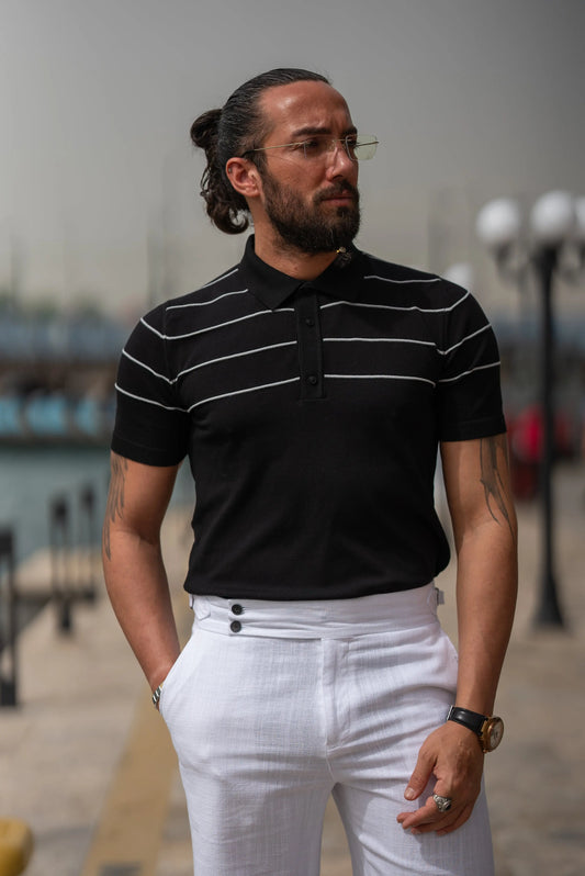 Brabion Maison Slim Fit Striped Black Polo Shirt - BRABION