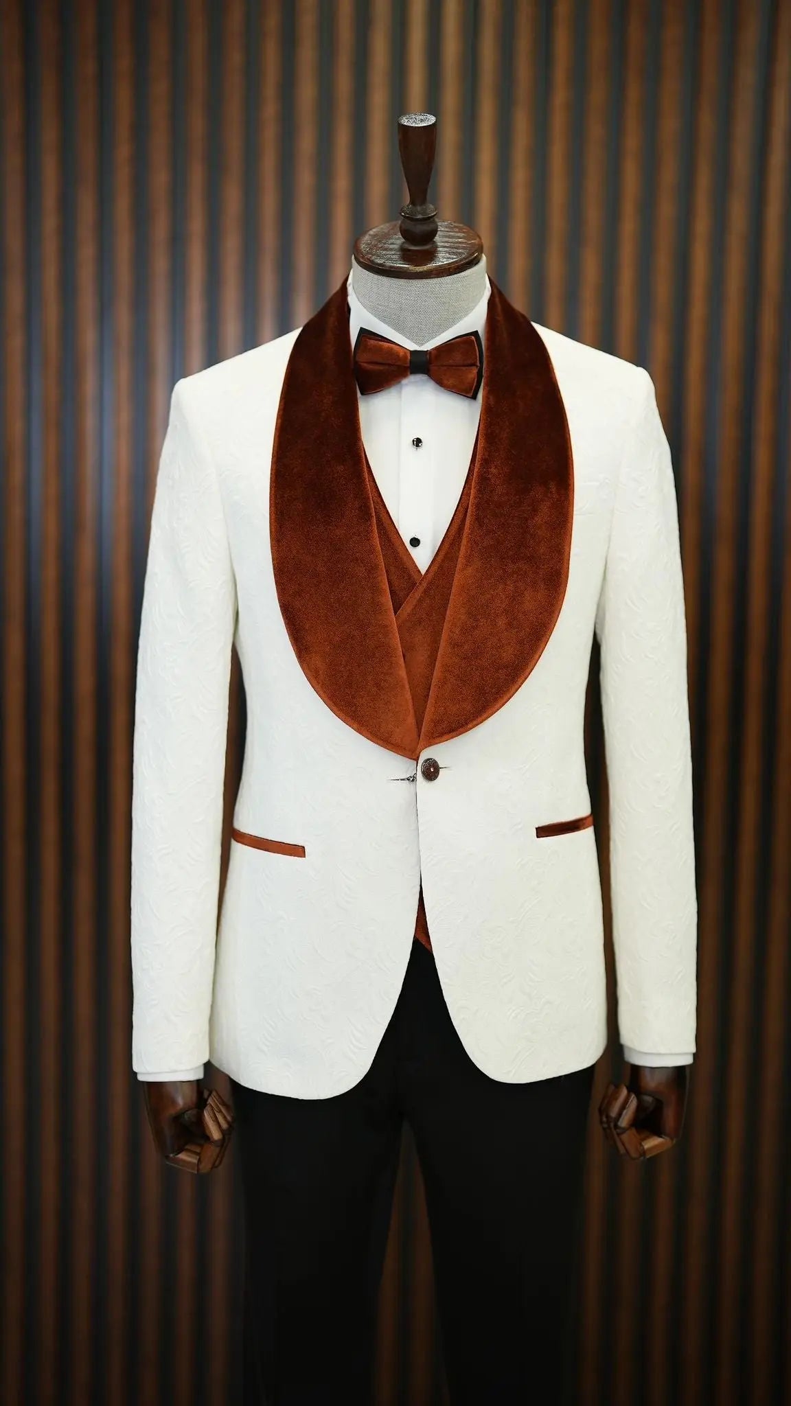 Fiore White Brown Slim Fit Velvet Shawl Lapel Tuxedo - BRABION