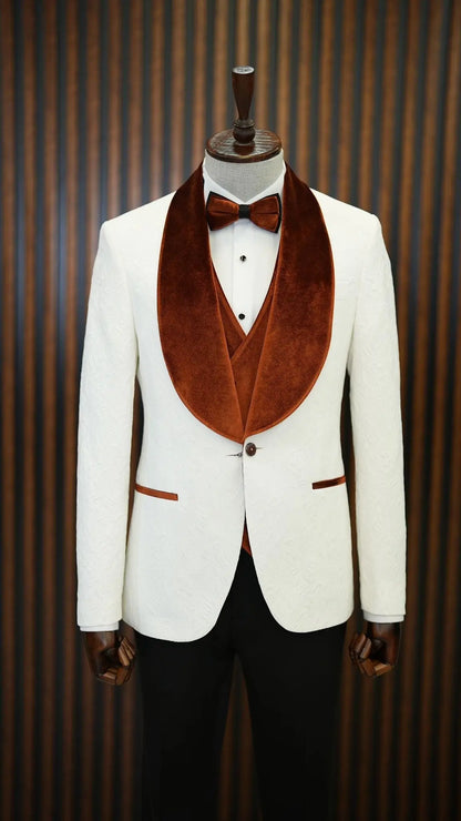 Fiore White Brown Slim Fit Velvet Shawl Lapel Tuxedo - BRABION