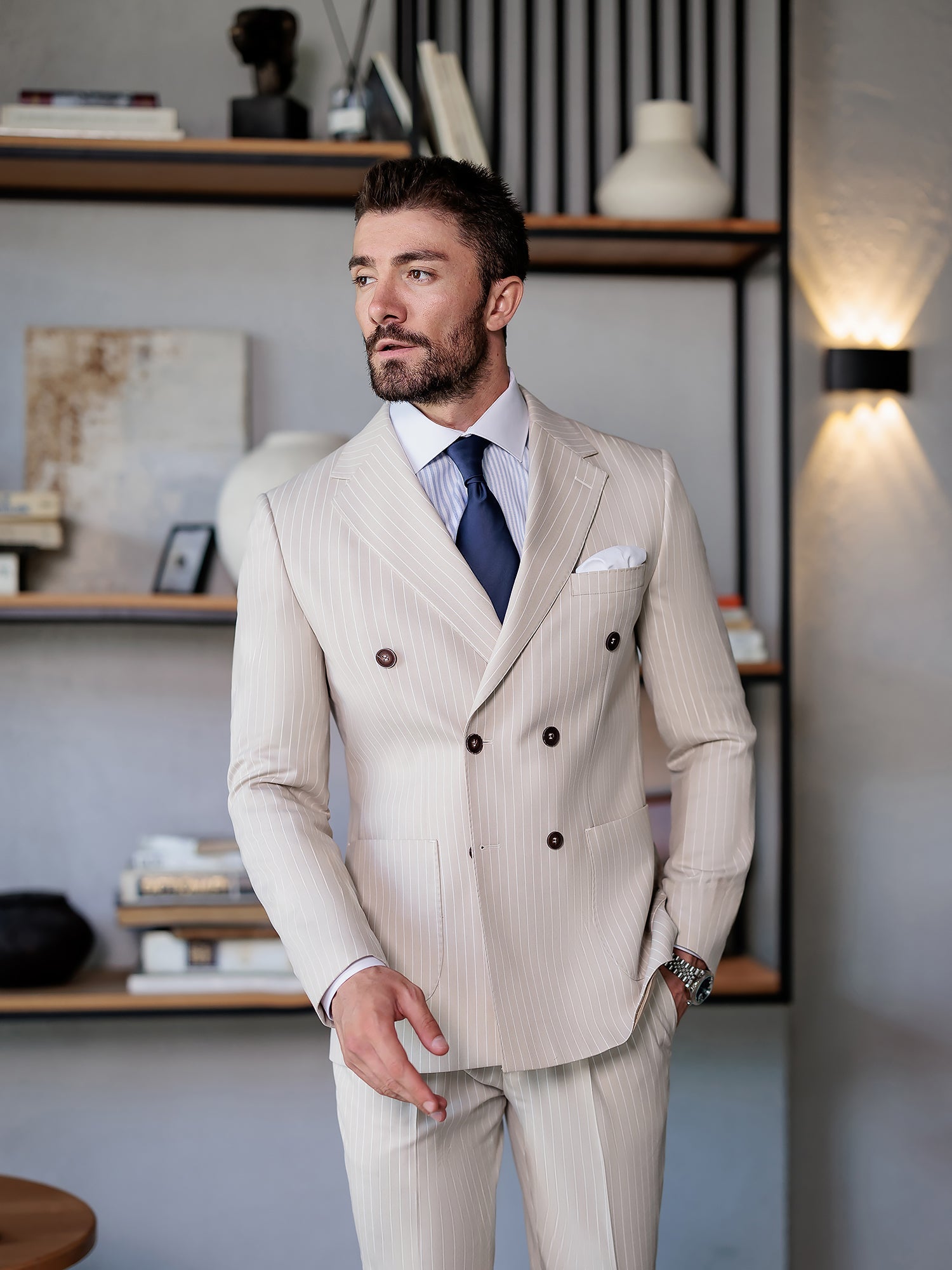 Beige Striped Double Breasted Suit 2-Piece VIOSSI
