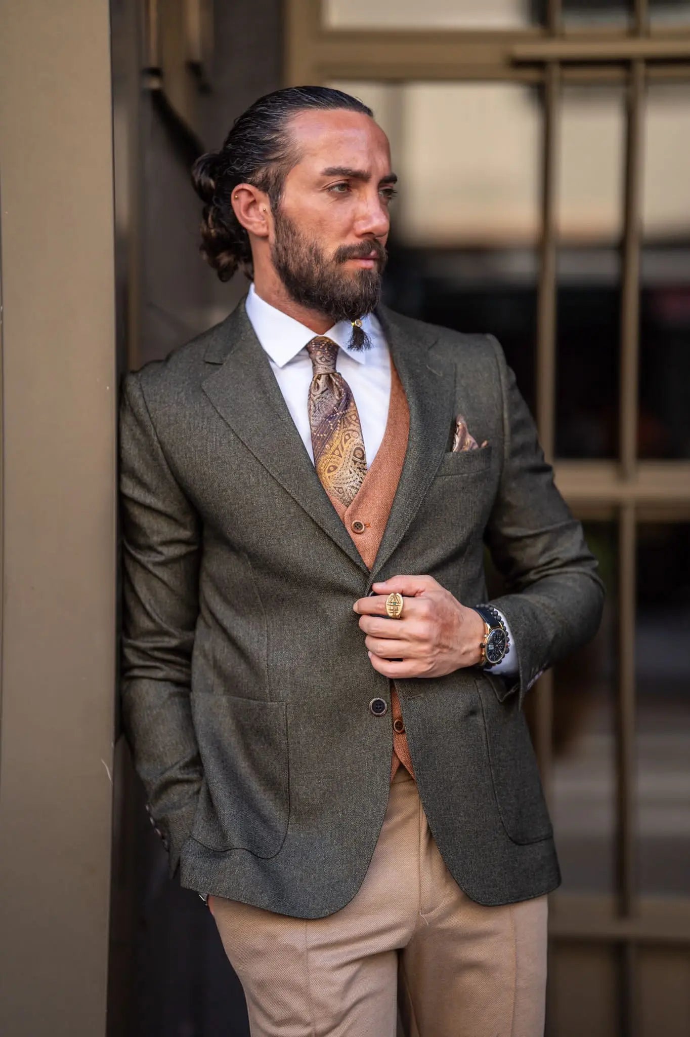 Ardean Khaki Slim Fit Notch Lapel 3 Piece Combination Suit brabion