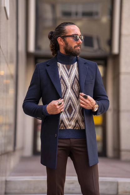 Brabion Navy Blue Slim Fit Single Breasted Long Coat - A Versatile Essential for Any Occasion - BRABION
