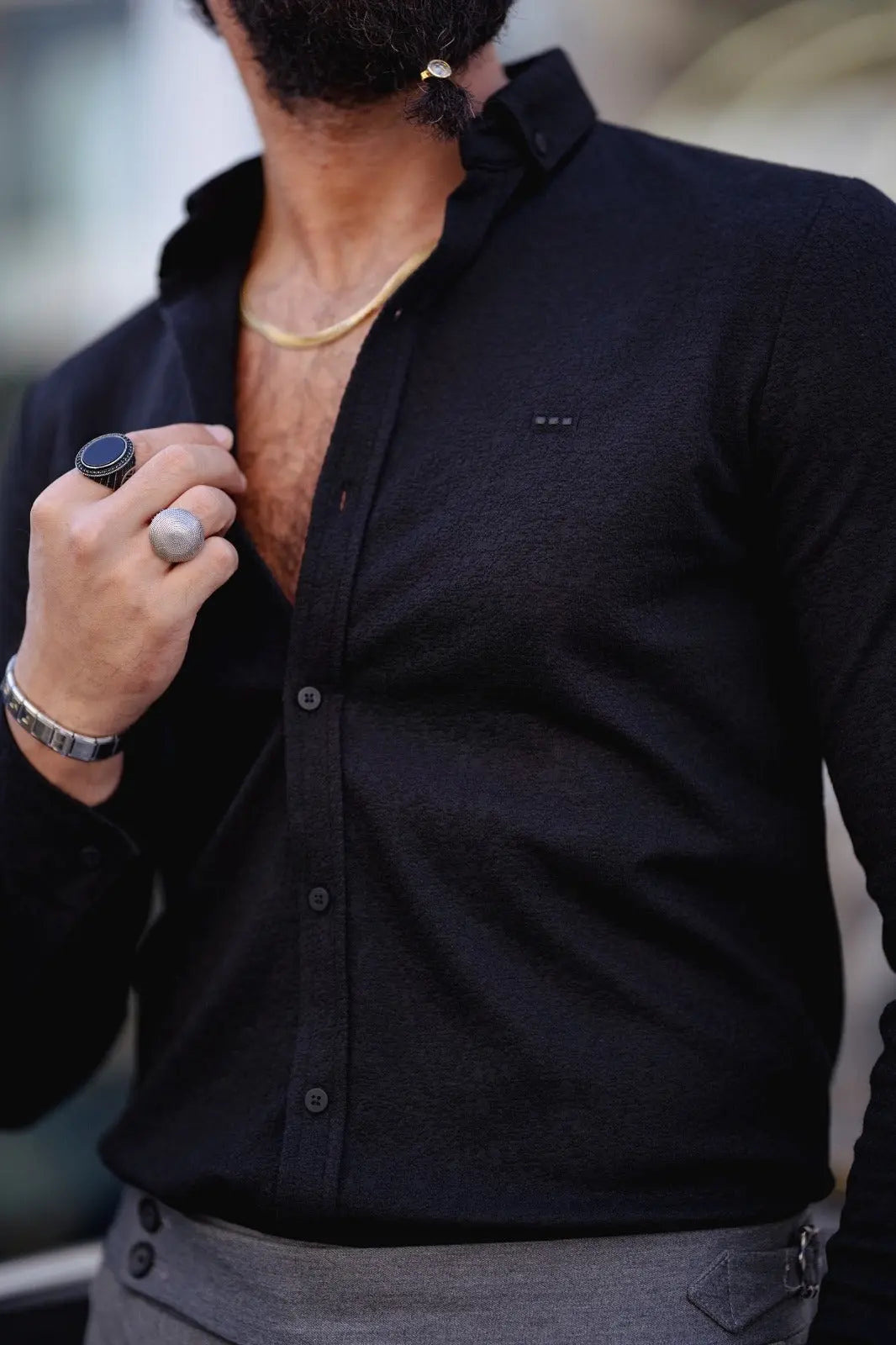 Brabion Ardean Black Slim Fit Textured Cotton Shirt - BRABION