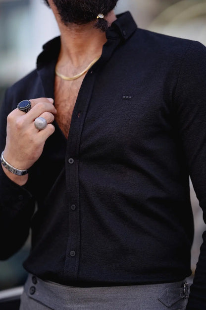 Brabion Ardean Black Slim Fit Textured Cotton Shirt - BRABION