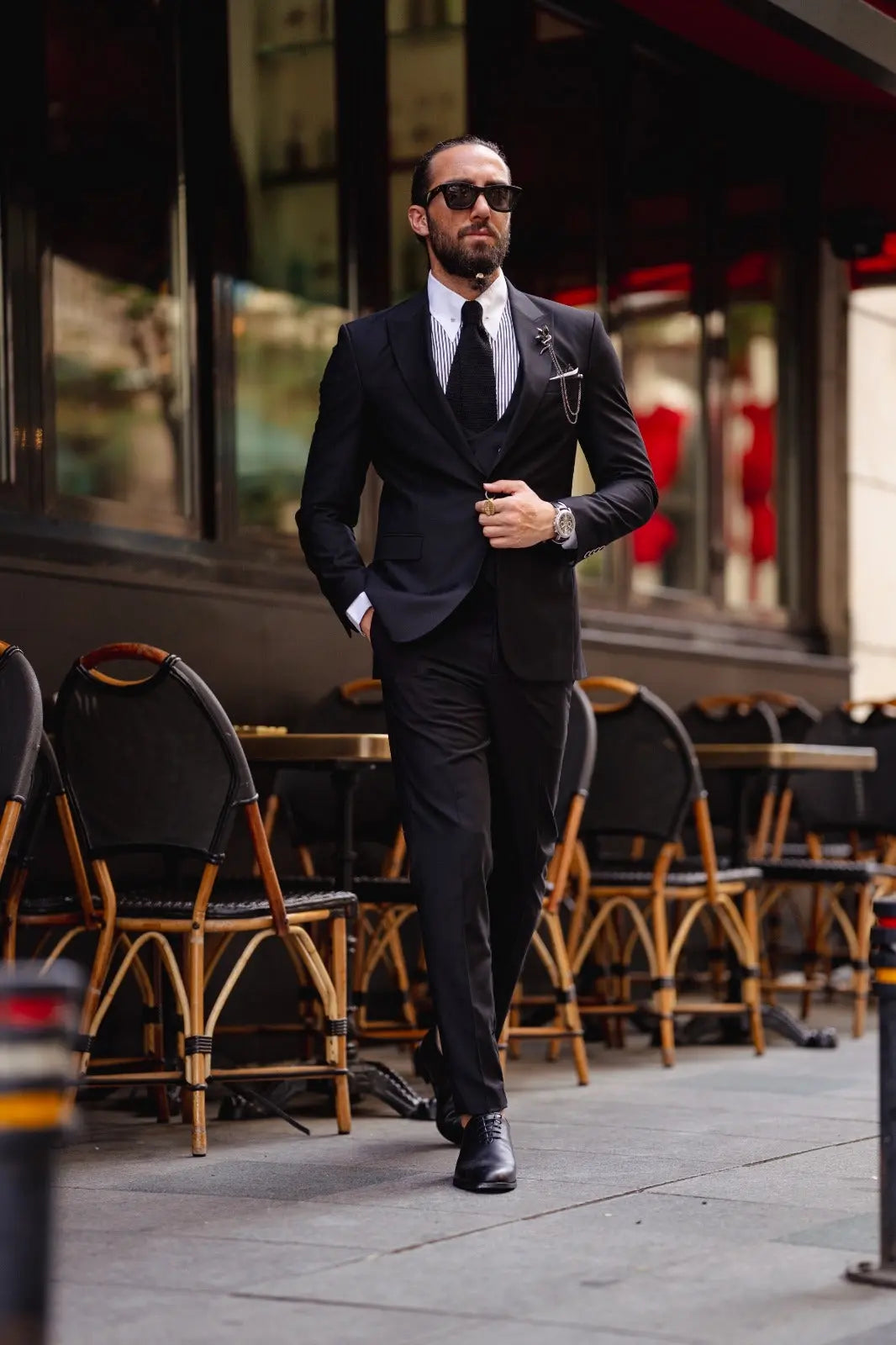 Ardean Black Slim Fit Peak Lapel 3 Piece Wool Suit brabion