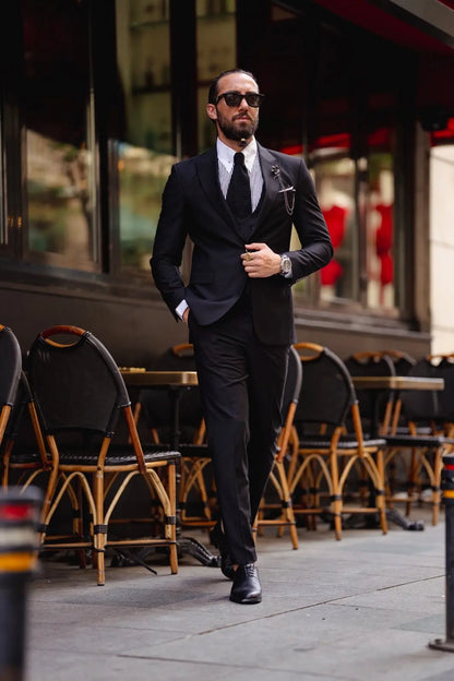 Ardean Black Slim Fit Peak Lapel 3 Piece Wool Suit brabion