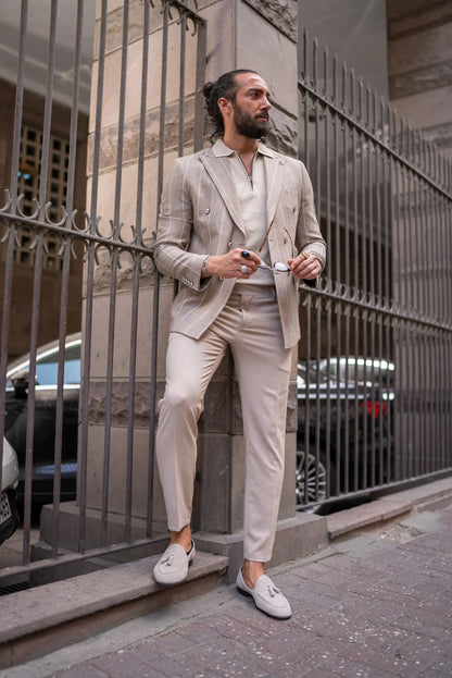 Brabion Noah Beige Slim Fit Double Breasted Striped Blazer - BRABION