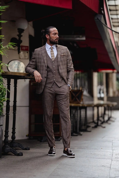 Paris Brown Slim Fit Notch Lapel 3 Piece Plaid Suit for Modern Men brabion