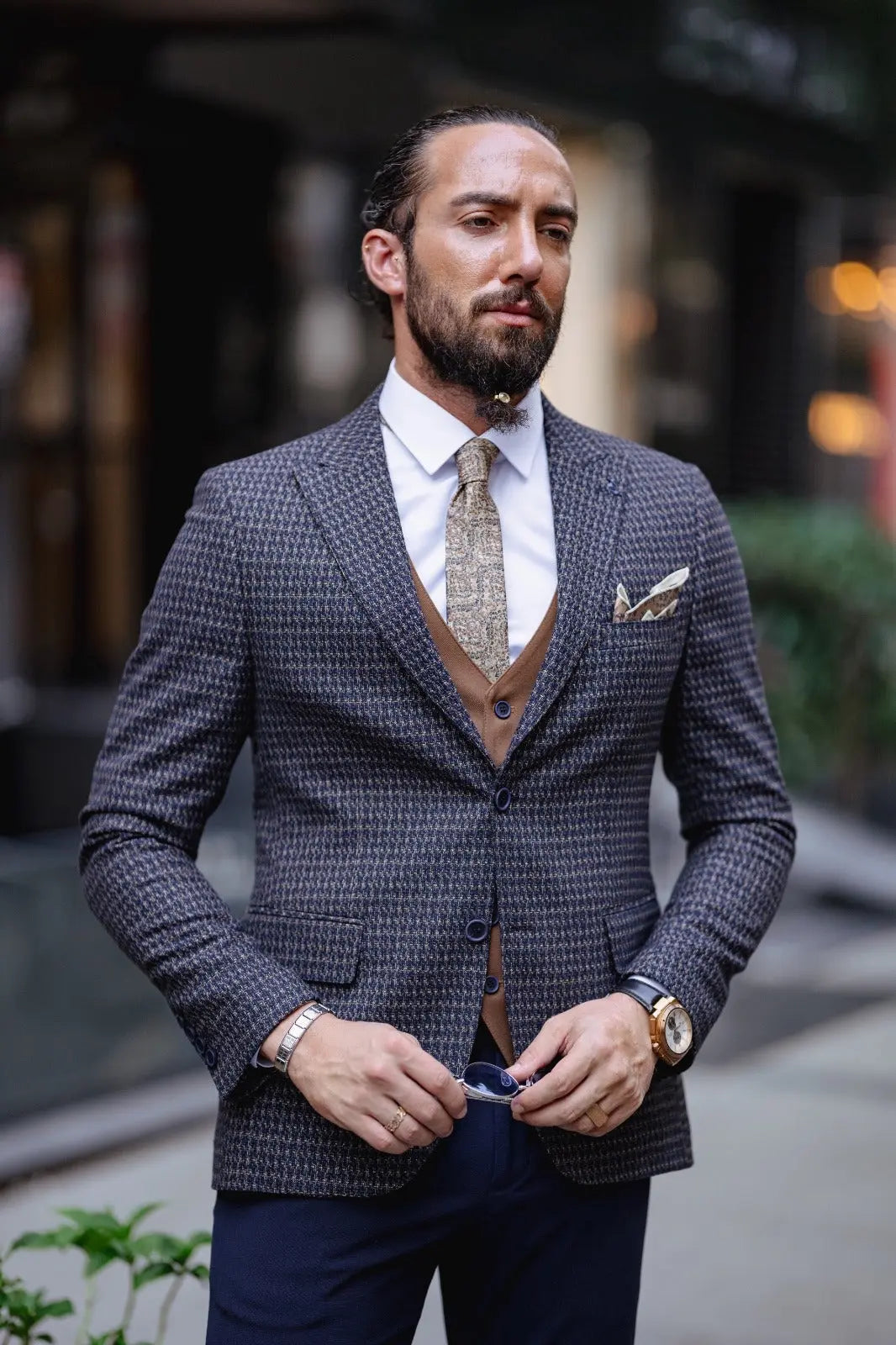 Paris Navy Blue Slim Fit Peak Lapel 3 Piece Combined Suit brabion